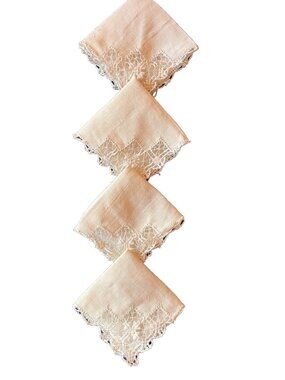 Set 4 French Handmade Cocktail Bar Napkins Drawn Work Crochet Corners Ecru VTG